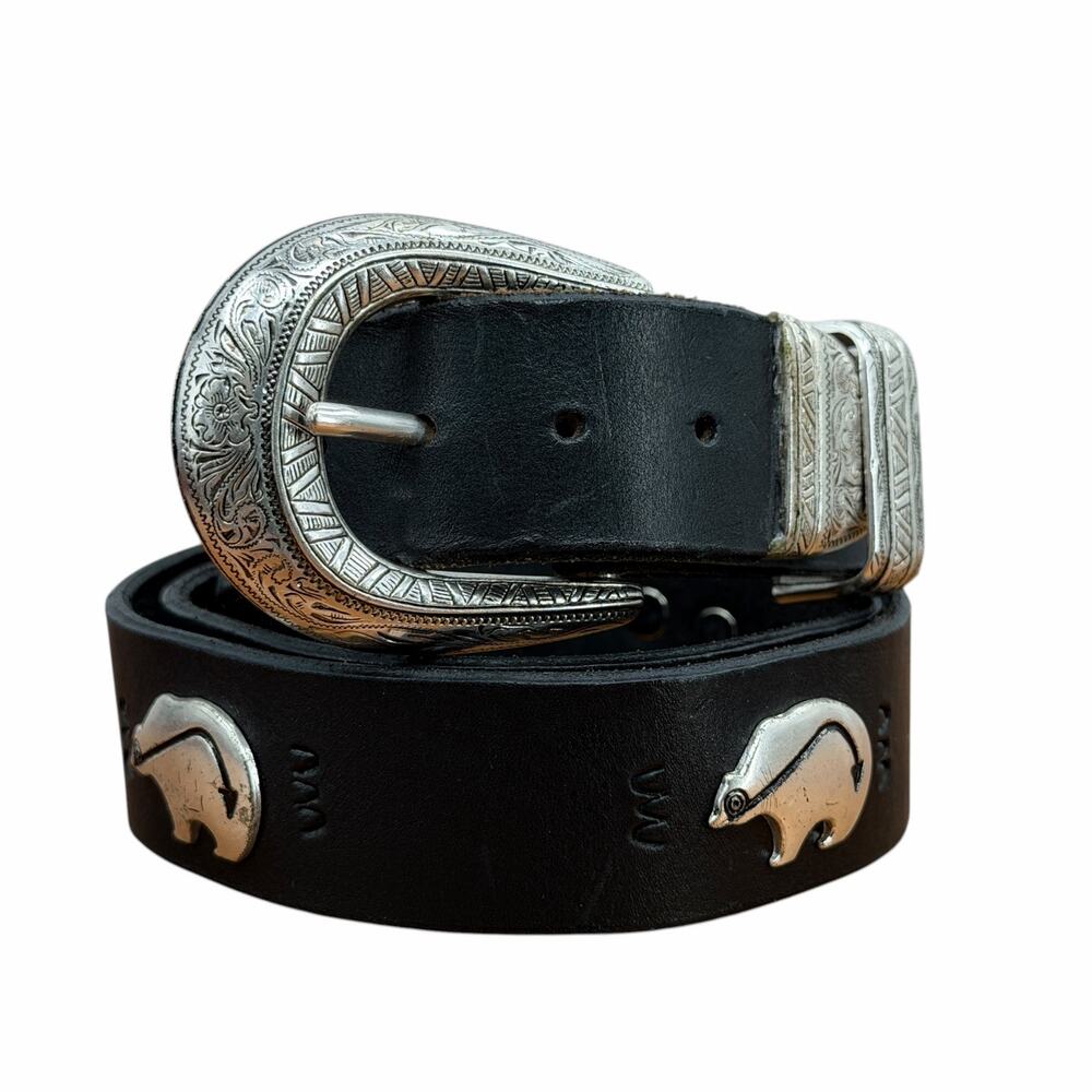 Bear Belt Leather Womens Black Western Engraved Rodeo Bear Novelty Edgy Cowgirl